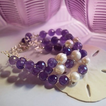 Amethyst and Pearl Triple Strand Bracelet